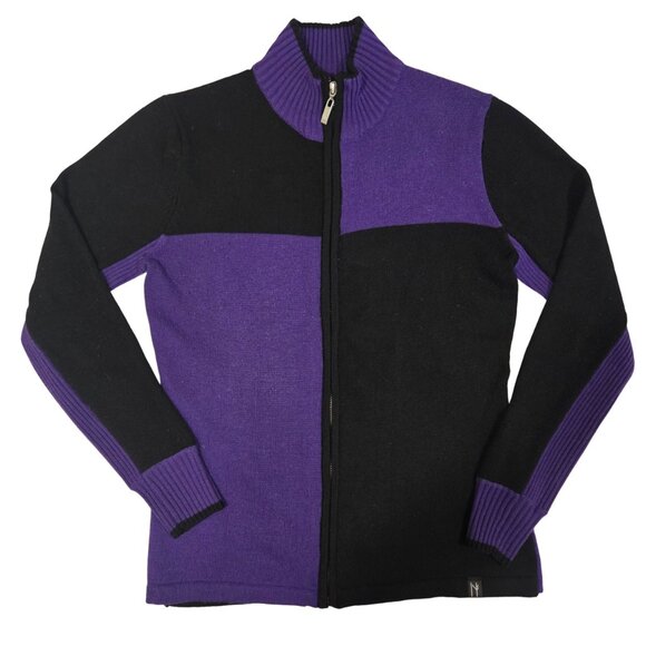 Neve Women Full Zip Mock Neck Poly Wool Cardigan Sweater Purple Black Medium - Picture 1 of 5